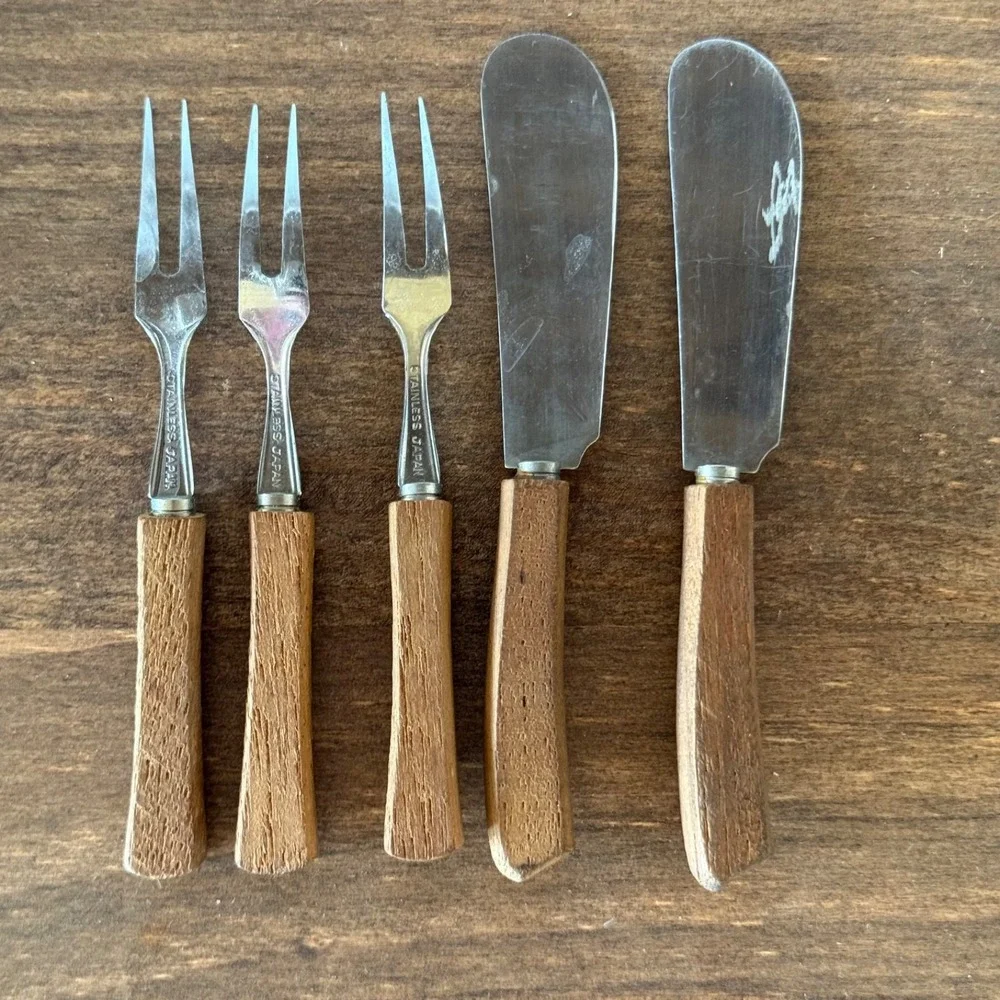 Vintage‎ Japan Stainless Steel Teak Wood Cheese Butter Spreader Fork Set